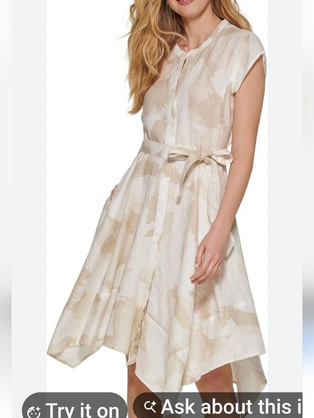 Pure DKNY White Beige Print Linen Midi Handkerchief Shirtdress Sz 8 NWT